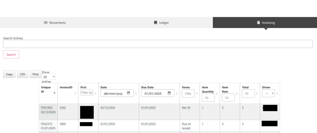 Financing (Billing/Ledgers/Invoices)